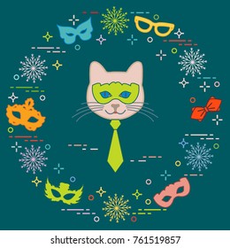 Muzzle of cat and carnival masks, snowflakes, glasses, tie. Carnival festive concept. Costume for party.
