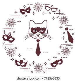 Muzzle of cat and carnival masks, snowflakes, glasses, tie. Carnival festive concept. Costume for party.