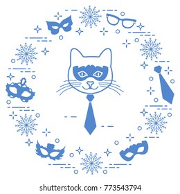 Muzzle of cat and carnival masks, snowflakes, glasses, tie. Carnival festive concept. Costume for party.