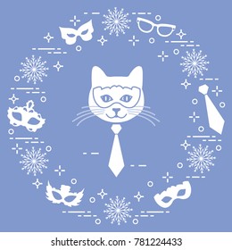 Muzzle of cat and carnival masks, snowflakes, glasses, tie. Carnival festive concept. Costume for party.