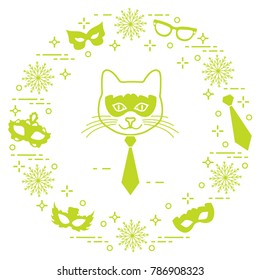 Muzzle of cat and carnival masks, snowflakes, glasses, tie. Carnival festive concept. Costume for party.