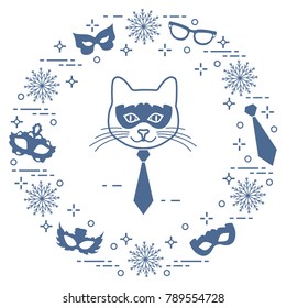 Muzzle of cat and carnival masks, snowflakes, glasses, tie. Carnival festive concept. Costume for party.