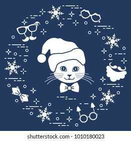 Muzzle of cat in Christmas hat and carnival masks, snowflakes, glasses, bow tie, beard, mustache. Carnival festive concept. Costume for a party.