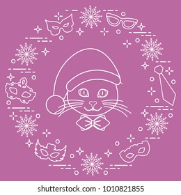 Muzzle of a cat in a Christmas hat and carnival masks, snowflakes, glasses, tie. Carnival festive concept. Costume for a party.