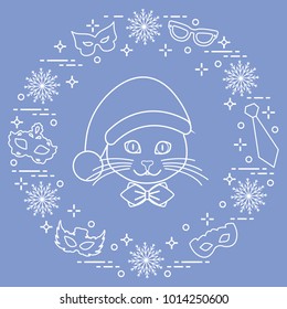 Muzzle of a cat in a Christmas hat and carnival masks, snowflakes, glasses, tie. Carnival festive concept. Costume for a party.