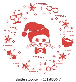 Muzzle of cat in Christmas hat and carnival masks, snowflakes, glasses, bow tie, beard, mustache. Carnival festive concept. Costume for a party.