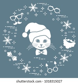 Muzzle of cat in Christmas hat and carnival masks, snowflakes, glasses, bow tie, beard, mustache. Carnival festive concept. Costume for a party.