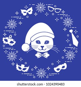 Muzzle of a cat in a Christmas hat and carnival masks, snowflakes, glasses, tie. Carnival festive concept. Costume for a party.