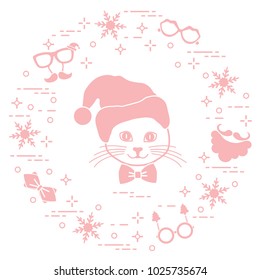 Muzzle of cat in Christmas hat and carnival masks, snowflakes, glasses, bow tie, beard, mustache. Carnival festive concept. Costume for a party.