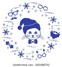 Muzzle of cat in Christmas hat and carnival masks, snowflakes, glasses, bow tie, beard, mustache. Carnival festive concept. Costume for a party.