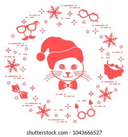 Muzzle of cat in Christmas hat and carnival masks, snowflakes, glasses, bow tie, beard, mustache. Carnival festive concept. Costume for a party.