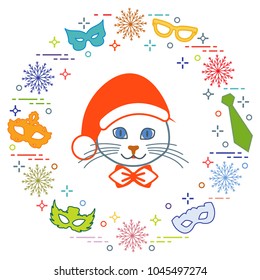 Muzzle of a cat in a Christmas hat and carnival masks, snowflakes, glasses, tie. Carnival festive concept. Costume for a party.