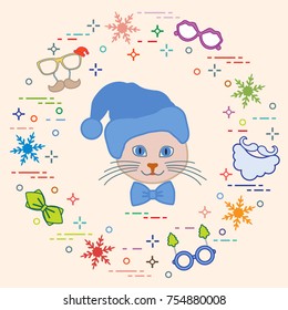 Muzzle of cat in Christmas hat and carnival masks, snowflakes, glasses, bow tie, beard, mustache. Carnival festive concept. Costume for a party.