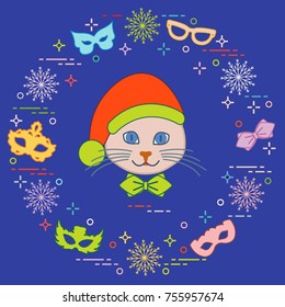 Muzzle of a cat in a Christmas hat and carnival masks, snowflakes, glasses, tie. Carnival festive concept. Costume for a party.