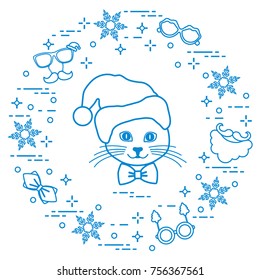 Muzzle of cat in Christmas hat and carnival masks, snowflakes, glasses, bow tie, beard, mustache. Carnival festive concept. Costume for a party.