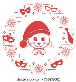 Muzzle of a cat in a Christmas hat and carnival masks, snowflakes, glasses, tie. Carnival festive concept. Costume for a party.