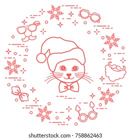 Muzzle of cat in Christmas hat and carnival masks, snowflakes, glasses, bow tie, beard, mustache. Carnival festive concept. Costume for a party.