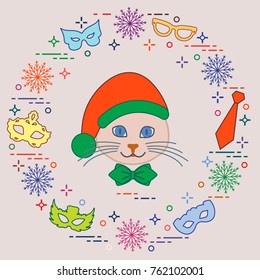 Muzzle of a cat in a Christmas hat and carnival masks, snowflakes, glasses, tie. Carnival festive concept. Costume for a party.