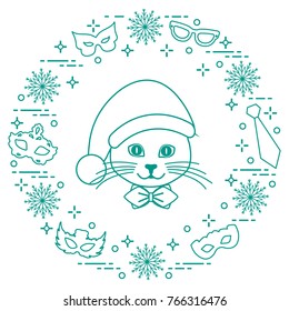 Muzzle of a cat in a Christmas hat and carnival masks, snowflakes, glasses, tie. Carnival festive concept. Costume for a party.
