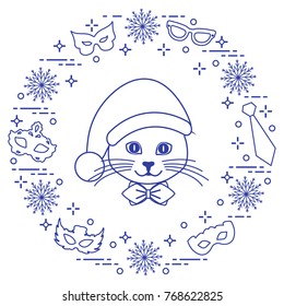 Muzzle of a cat in a Christmas hat and carnival masks, snowflakes, glasses, tie. Carnival festive concept. Costume for a party.