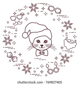 Muzzle of cat in Christmas hat and carnival masks, snowflakes, glasses, bow tie, beard, mustache. Carnival festive concept. Costume for a party.