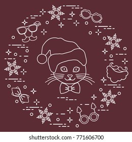 Muzzle of cat in Christmas hat and carnival masks, snowflakes, glasses, bow tie, beard, mustache. Carnival festive concept. Costume for a party.