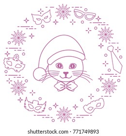 Muzzle of a cat in a Christmas hat and carnival masks, snowflakes, glasses, tie. Carnival festive concept. Costume for a party.