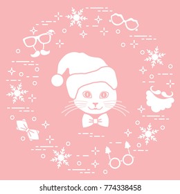 Muzzle of cat in Christmas hat and carnival masks, snowflakes, glasses, bow tie, beard, mustache. Carnival festive concept. Costume for a party.