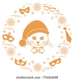 Muzzle of a cat in a Christmas hat and carnival masks, snowflakes, glasses, tie. Carnival festive concept. Costume for a party.