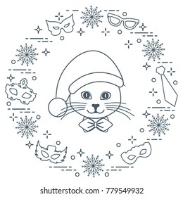 Muzzle of a cat in a Christmas hat and carnival masks, snowflakes, glasses, tie. Carnival festive concept. Costume for a party.
