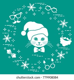 Muzzle of cat in Christmas hat and carnival masks, snowflakes, glasses, bow tie, beard, mustache. Carnival festive concept. Costume for a party.