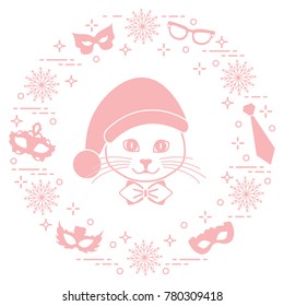 Muzzle of a cat in a Christmas hat and carnival masks, snowflakes, glasses, tie. Carnival festive concept. Costume for a party.