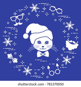 Muzzle of cat in Christmas hat and carnival masks, snowflakes, glasses, bow tie, beard, mustache. Carnival festive concept. Costume for a party.