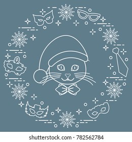 Muzzle of a cat in a Christmas hat and carnival masks, snowflakes, glasses, tie. Carnival festive concept. Costume for a party.