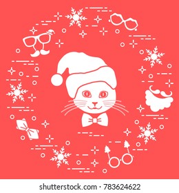 Muzzle of cat in Christmas hat and carnival masks, snowflakes, glasses, bow tie, beard, mustache. Carnival festive concept. Costume for a party.