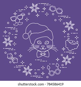 Muzzle of cat in Christmas hat and carnival masks, snowflakes, glasses, bow tie, beard, mustache. Carnival festive concept. Costume for a party.