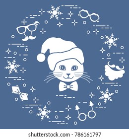 Muzzle of cat in Christmas hat and carnival masks, snowflakes, glasses, bow tie, beard, mustache. Carnival festive concept. Costume for a party.