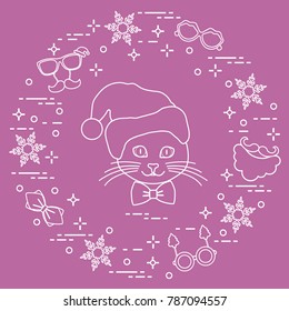 Muzzle of cat in Christmas hat and carnival masks, snowflakes, glasses, bow tie, beard, mustache. Carnival festive concept. Costume for a party.