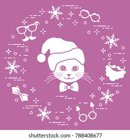 Muzzle of cat in Christmas hat and carnival masks, snowflakes, glasses, bow tie, beard, mustache. Carnival festive concept. Costume for a party.
