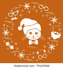 Muzzle of cat in Christmas hat and carnival masks, snowflakes, glasses, bow tie, beard, mustache. Carnival festive concept. Costume for a party.