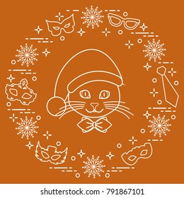 Muzzle of a cat in a Christmas hat and carnival masks, snowflakes, glasses, tie. Carnival festive concept. Costume for a party.