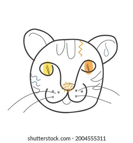 The muzzle of a cat with colored spots in the doodle style. Vector illustration for coloring books, prints, postcards and children's designs