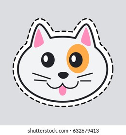 Muzzle of cat. Cut it out. Patch. Light cat with orange spot around black eye, pink tongue. Pink ears inside. Flat style. Vector.