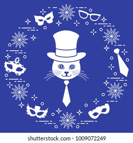 Muzzle of a cat in a cylinder hat and carnival masks, snowflakes, glasses, tie. Carnival festive concept. Costume for a party.