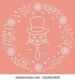 Muzzle of a cat in a cylinder hat and carnival masks, snowflakes, glasses, tie. Carnival festive concept. Costume for a party.