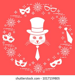 Muzzle of a cat in a cylinder hat and carnival masks, snowflakes, glasses, tie. Carnival festive concept.