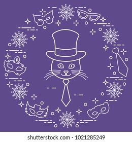 Muzzle of a cat in a cylinder hat and carnival masks, snowflakes, glasses, tie. Carnival festive concept. Costume for a party.