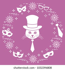 Muzzle of a cat in a cylinder hat and carnival masks, snowflakes, glasses, tie. Carnival festive concept. Costume for a party.