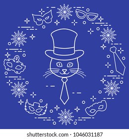 Muzzle of a cat in a cylinder hat and carnival masks, snowflakes, glasses, tie. Carnival festive concept. Costume for a party.