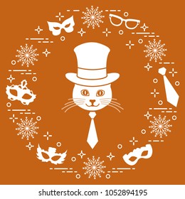 Muzzle of a cat in a cylinder hat and carnival masks, snowflakes, glasses, tie. Carnival festive concept. Costume for a party.